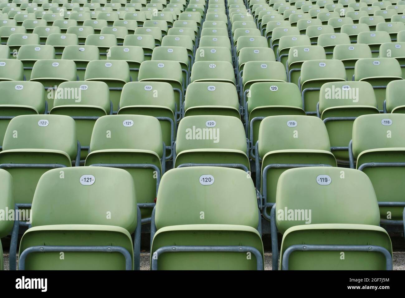 Green folding seats on the grandstand of the Seebuehne, Bregenz, Vorarlberg, Austria Stock Photo