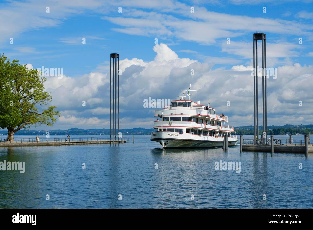 Lighthouses and passenger ship at the harbour entrance, Bregenz, Lake ...