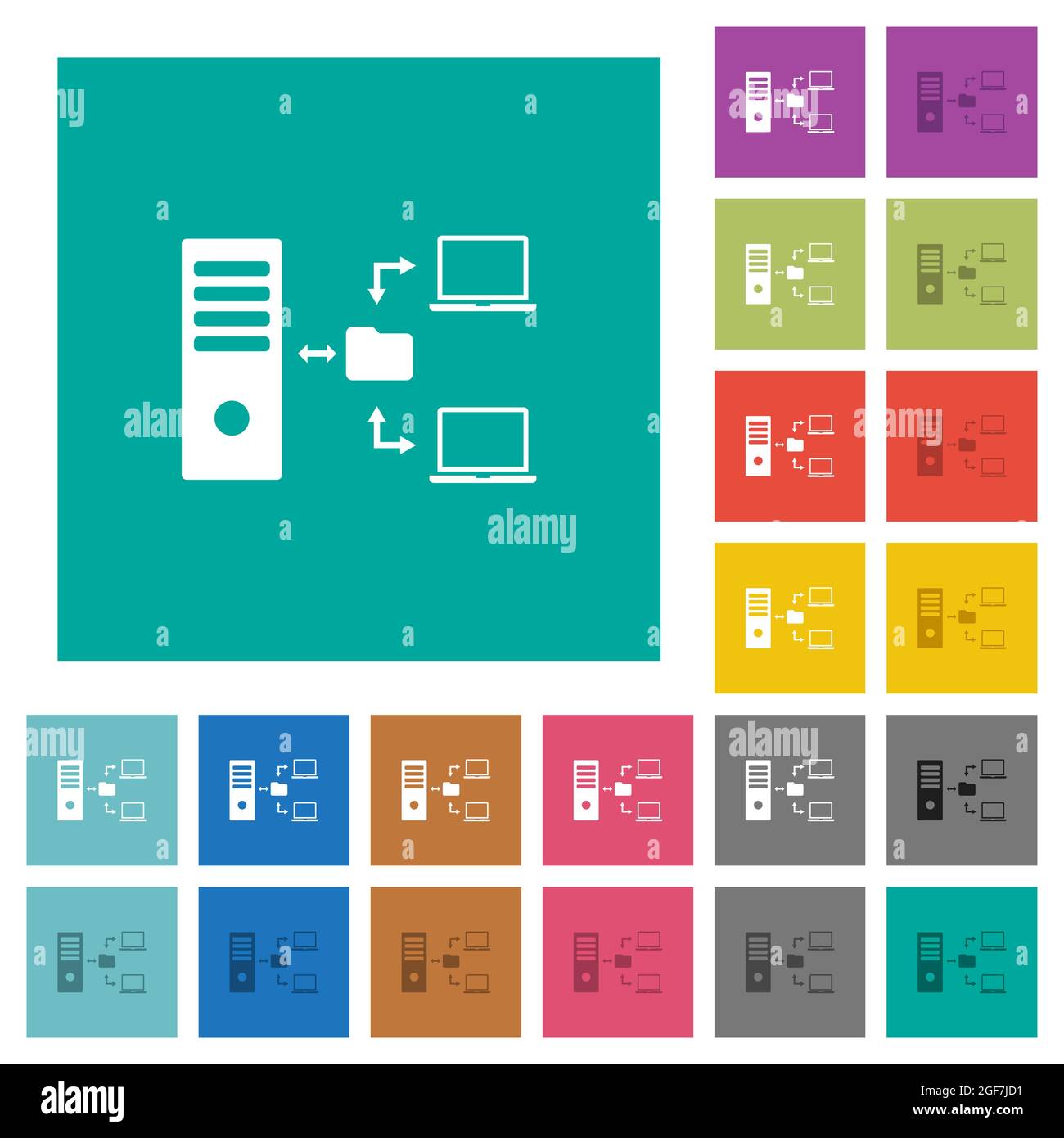 Network file system with server multi colored flat icons on plain ...