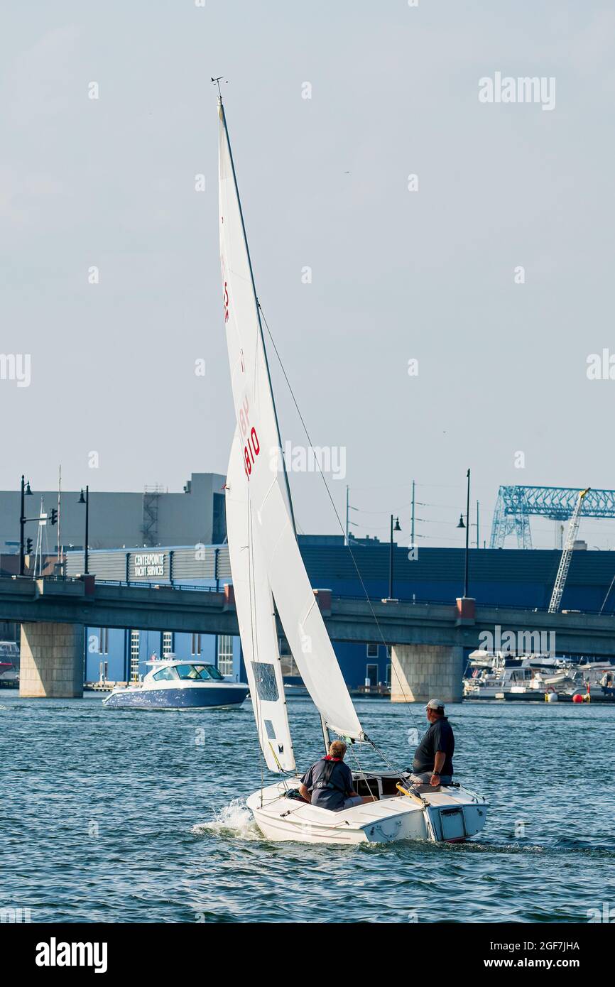 The Sturgeon Bay Yacht club holds sailboat races every Thursday night from May through October, in the channel between Lake Michigan and Green Bay. Stock Photo