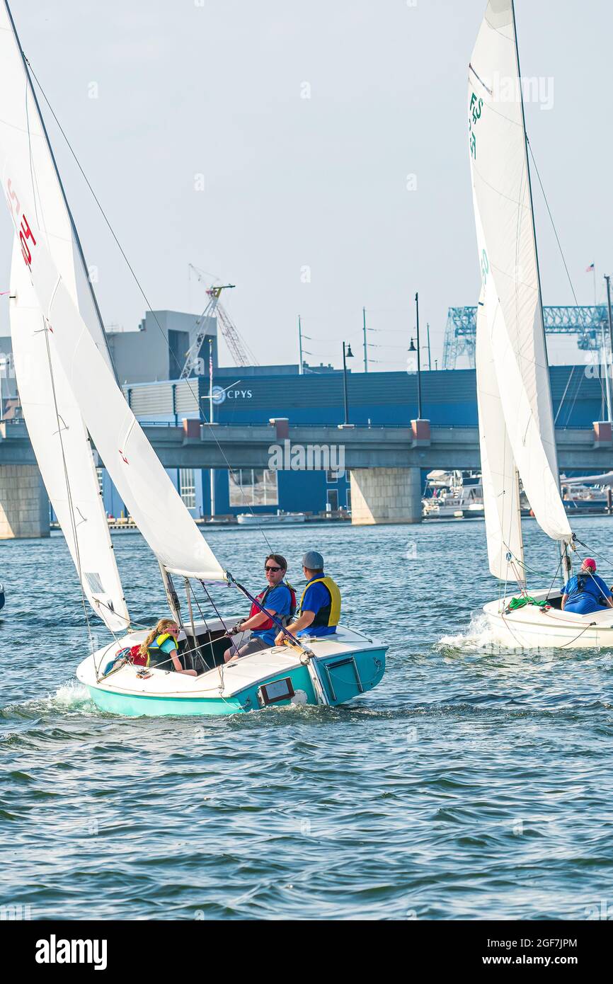 The Sturgeon Bay Yacht club holds sailboat races every Thursday night from May through October, in the channel between Lake Michigan and Green Bay. Stock Photo