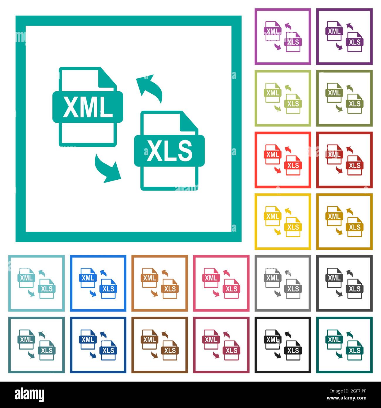XML XLS file conversion flat color icons with quadrant frames on white background Stock Vector