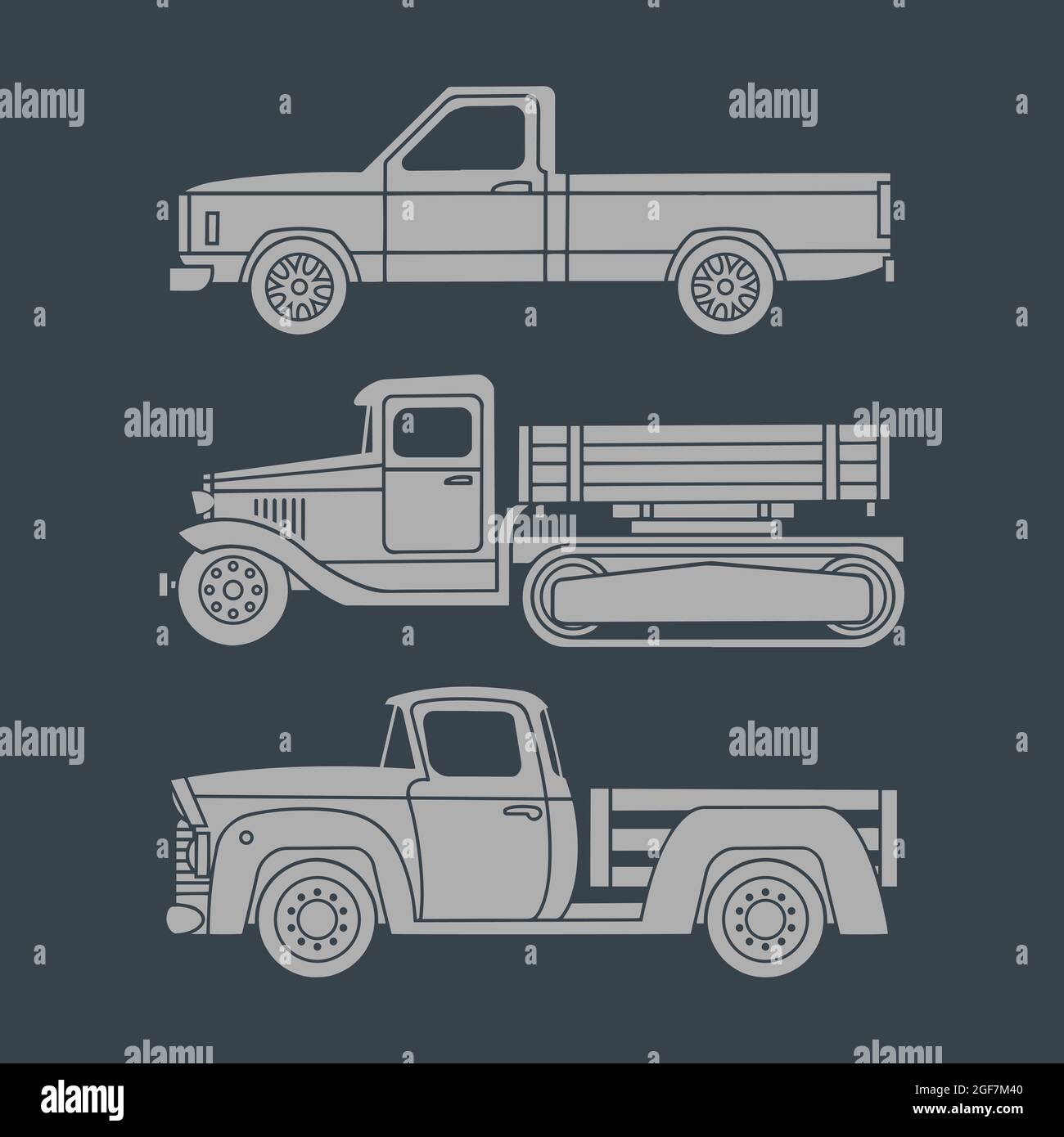 Set of vintage trucks. Simple icons on a dark background. Vector illustration Stock Vector