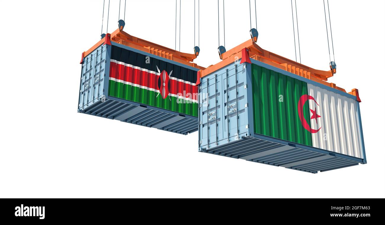 Freight containers with Algeria and Kenya national flags. 3D Rendering Stock Photo