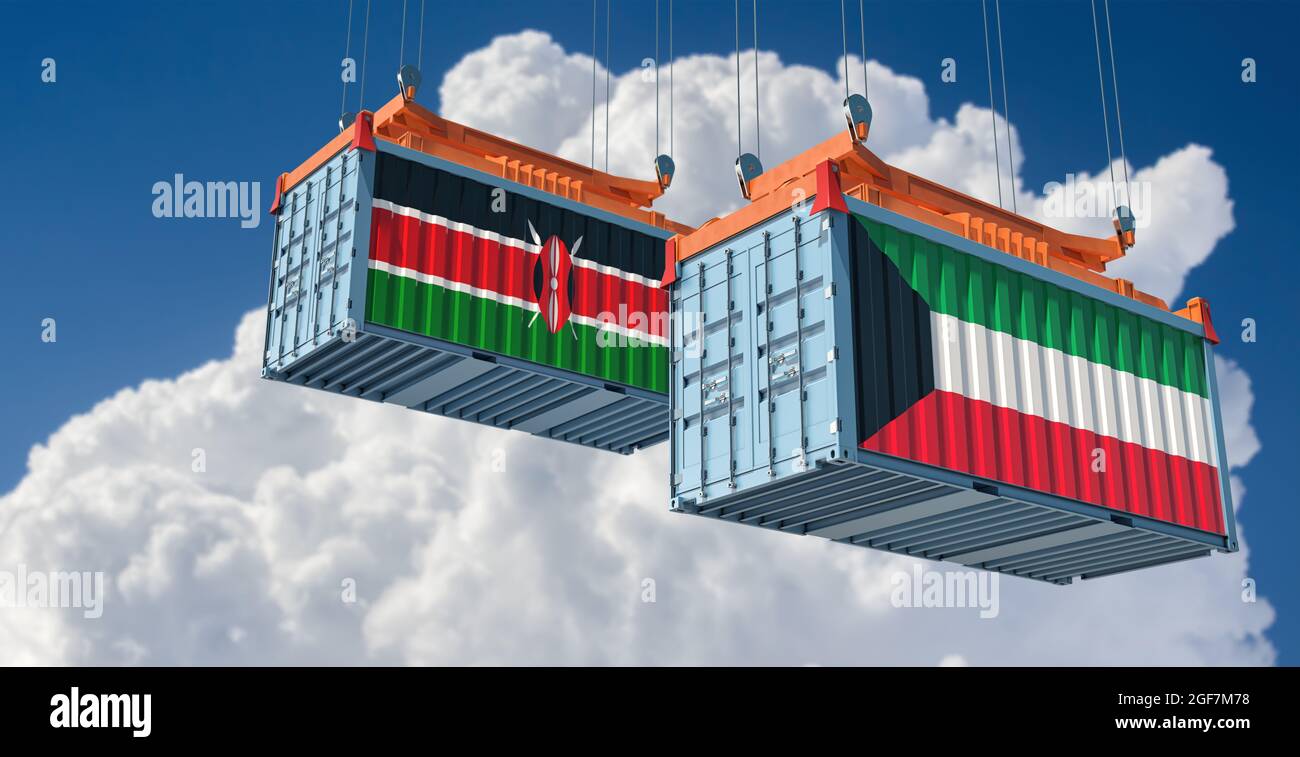 Freight containers with Kuwait and Kenya national flags. 3D Rendering