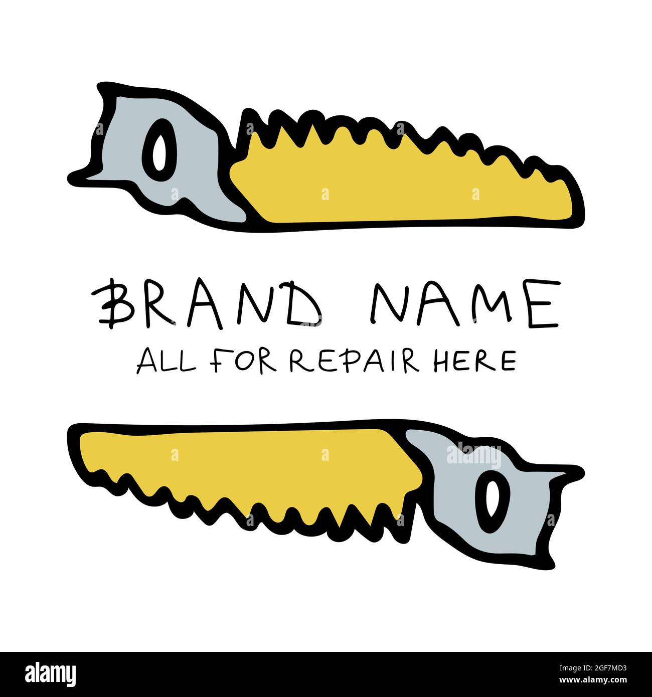 Logo in trendy colors. The yellow saws up and down, with text in between. Template for advertising a construction store. Vector illustration. Yellow Stock Vector