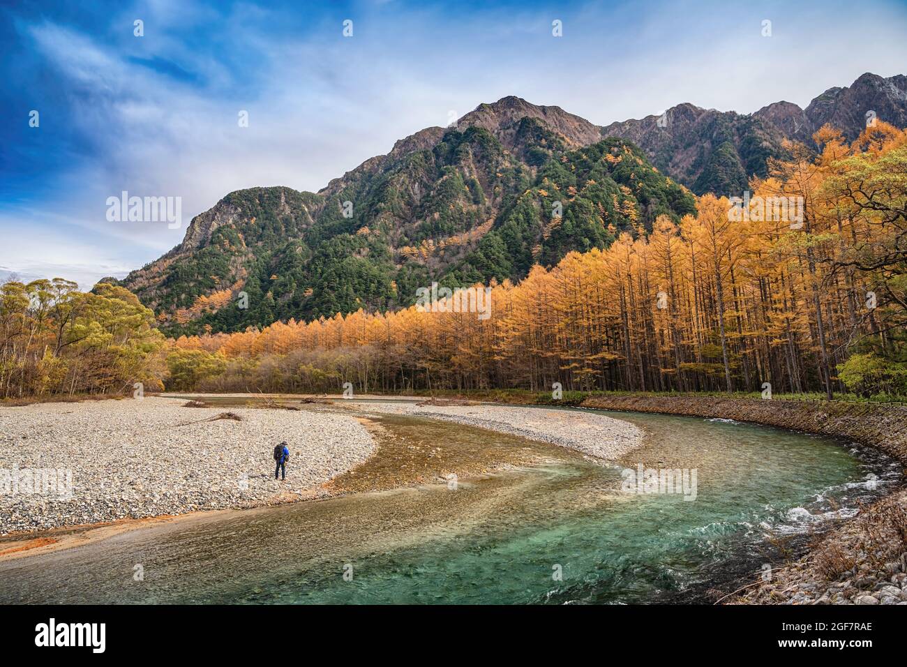 Nature landscape at Kamikochi Japan, autumn fall foliage with pond and