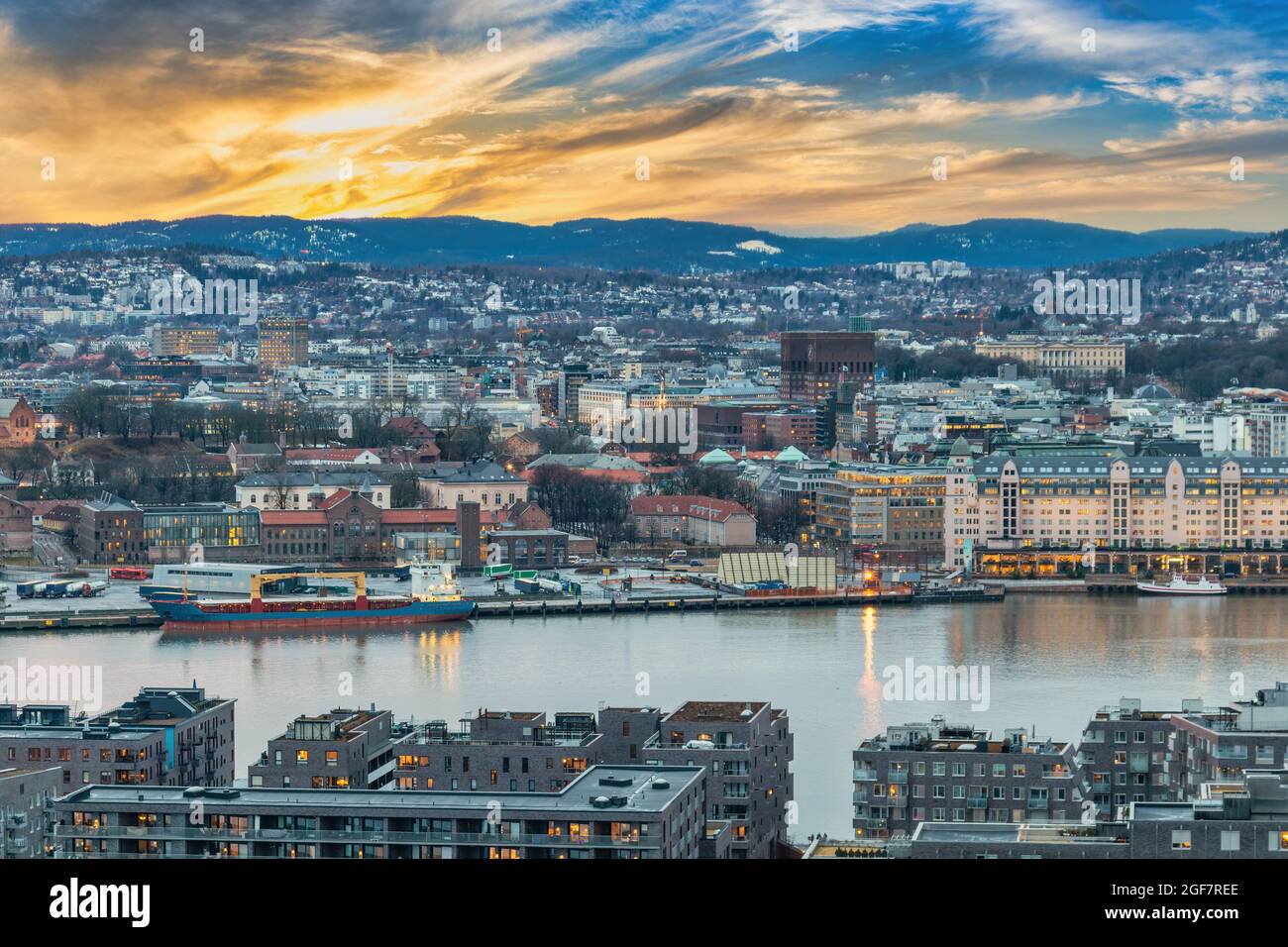 Oslo Norway, sunset city skyline at harbour Stock Photo