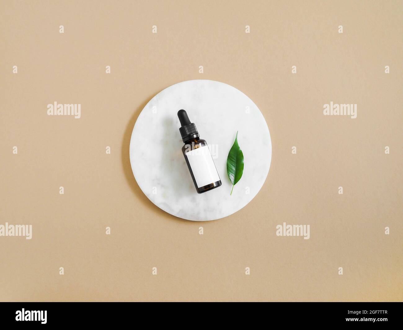 Marble white round podium, amber bottle pipette with white label mock up and green leaf on beige background. Top view. Copy space Stock Photo