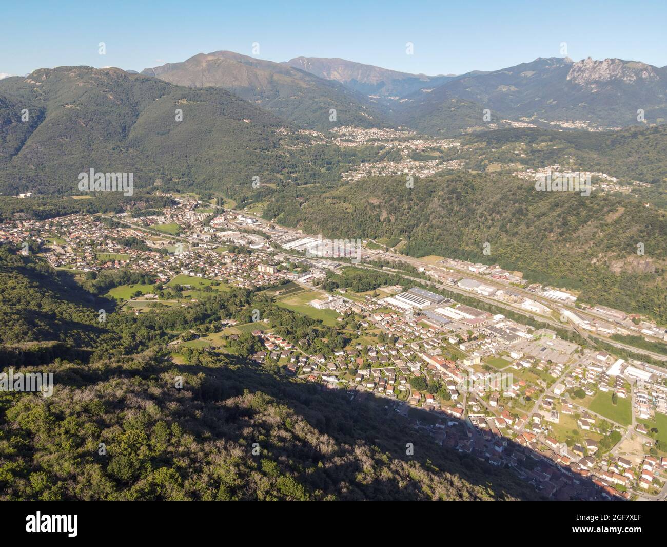 Drone view at Vedeggio valley near Lugano on the italian part of Switzerland Stock Photo