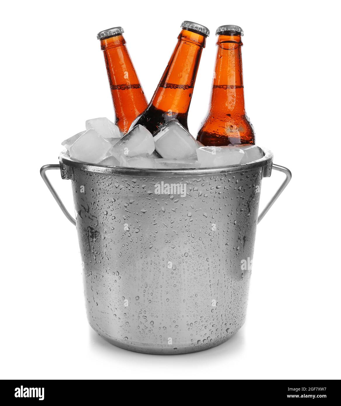 Beer bottles in ice bucket, isolated on white Stock Photo Alamy