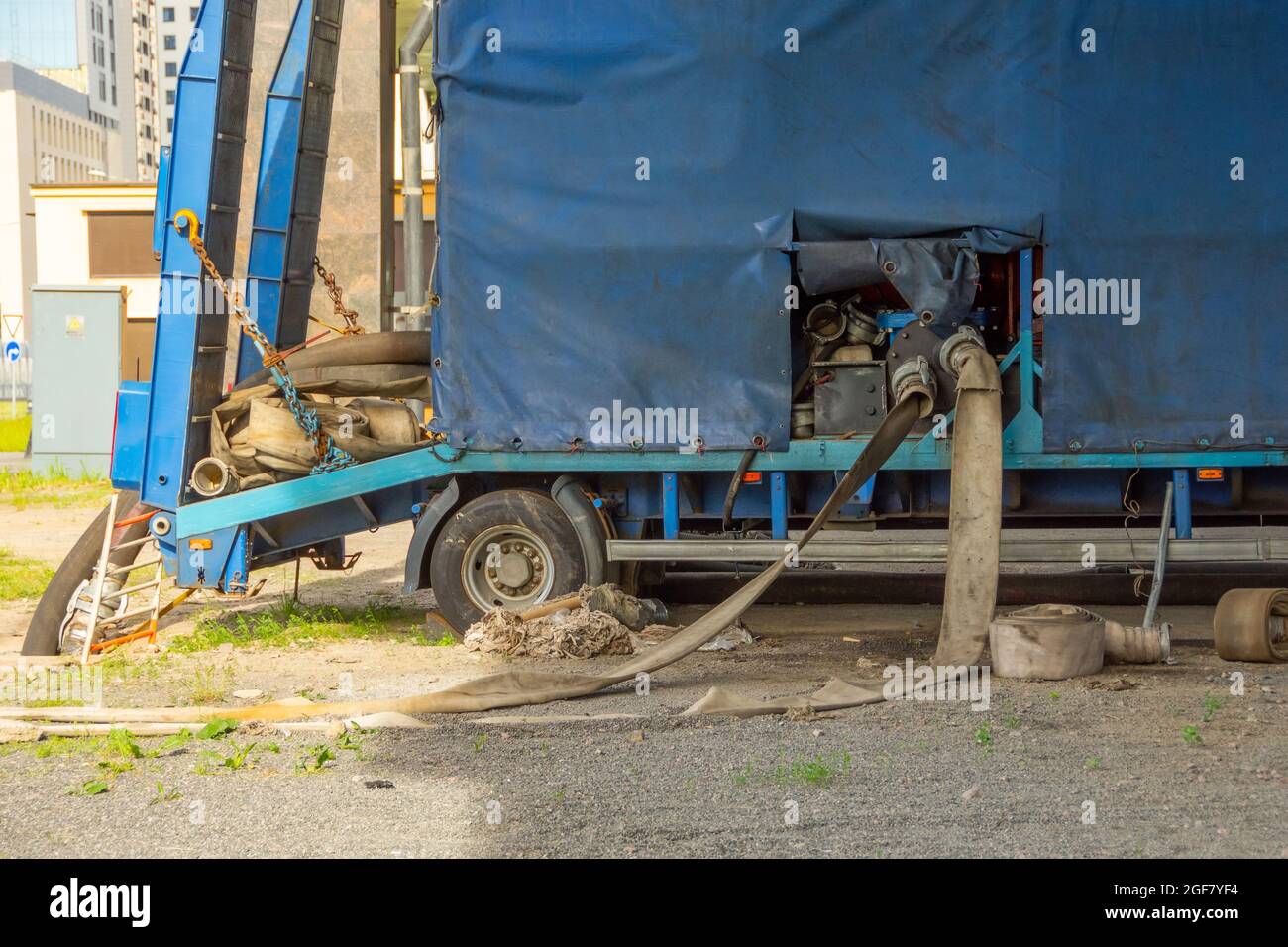Mobile compressor pumping unit for cleaning rain collectors in urban piping systems Stock Photo