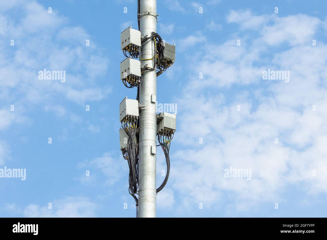 Cellular macro Base Transceiver Station. Telecommunication tower. Wireless Communication Antenna Transmitter. Transformers and Power Plants Distributo Stock Photo