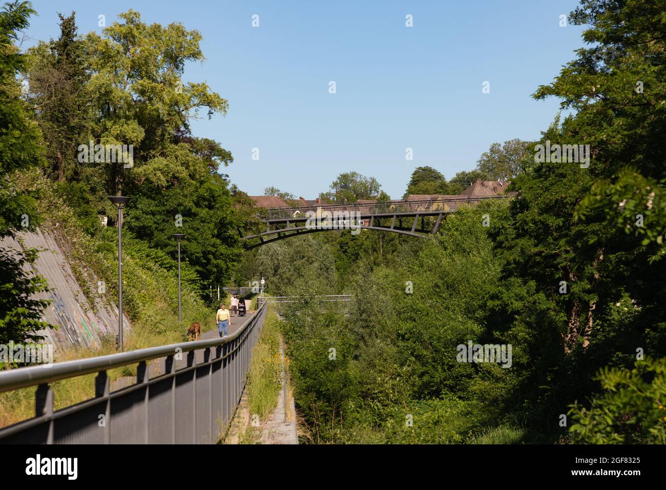 Walking path along Emscher river, area of the Ruhr, Germany Stock Photo