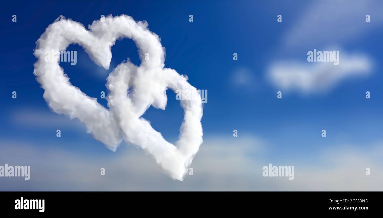 Valentine day card template. Heart shape clouds interlocking on blue ...