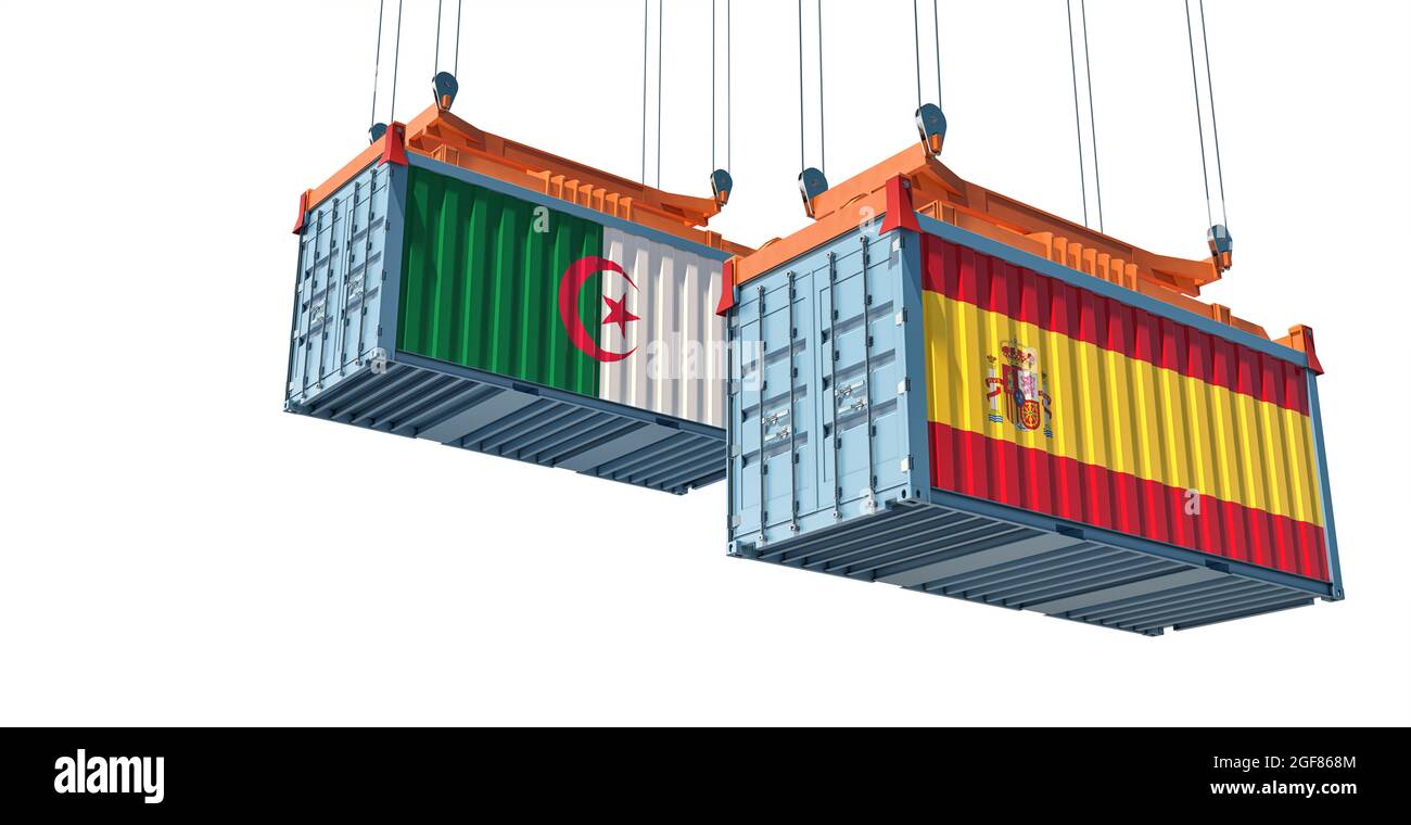 Freight containers with Algeria and Spain national flags. 3D Rendering Stock Photo