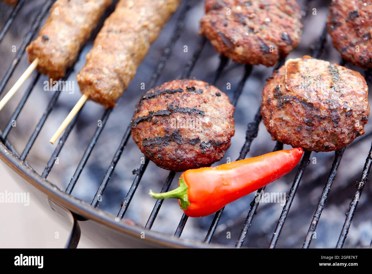 barbecue kebab meat and pepper roasting on grill Stock Photo Alamy