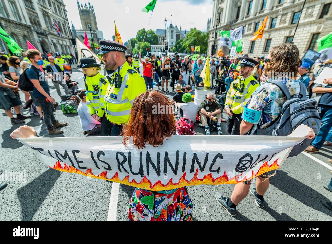 London, UK. 24th Aug, 2021. Time is running out - Extinction Rebellion starts two weeks of protest, under the Impossible Rebellion name, in London. Credit: Guy Bell/Alamy Live News Stock Photo