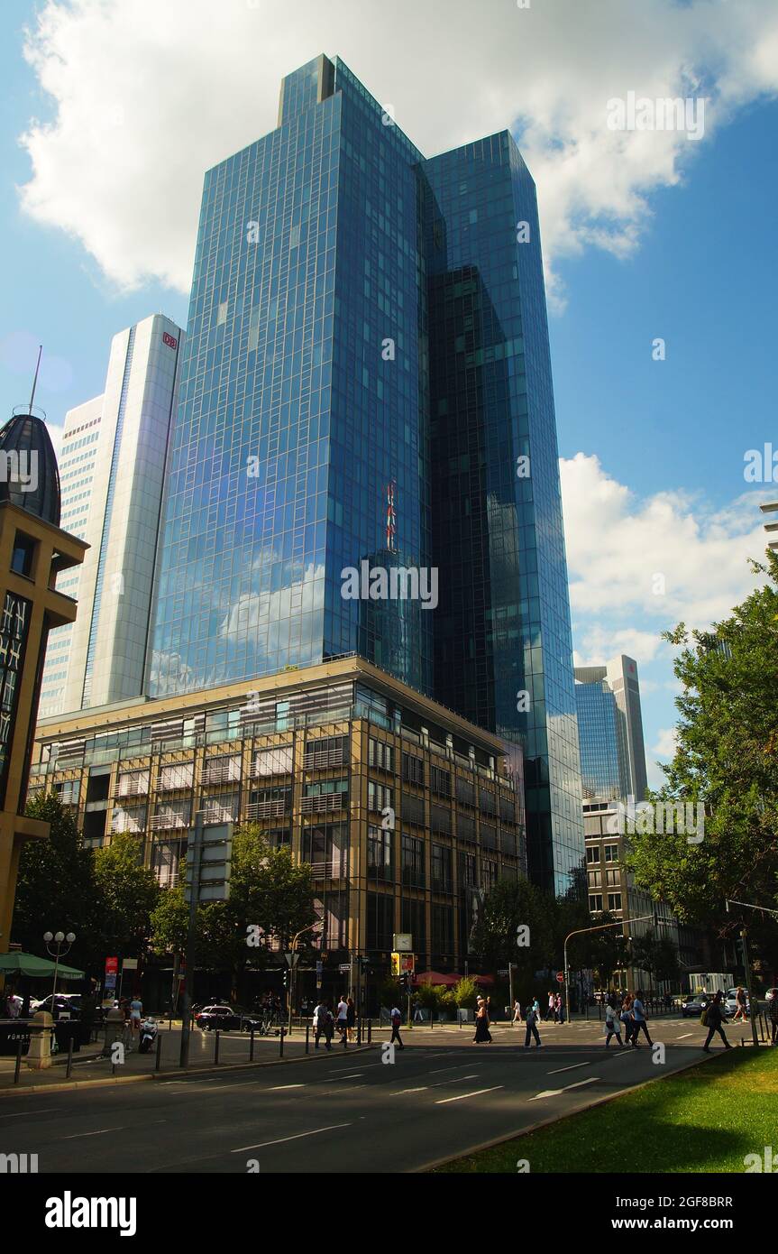 FRANKFURT, GERMANY - Aug 20, 2021: The Gallileo tower in Frankfurt, Germany. Built by Dresdner Bank, now Commerzbank after the takeover. Completed in Stock Photo