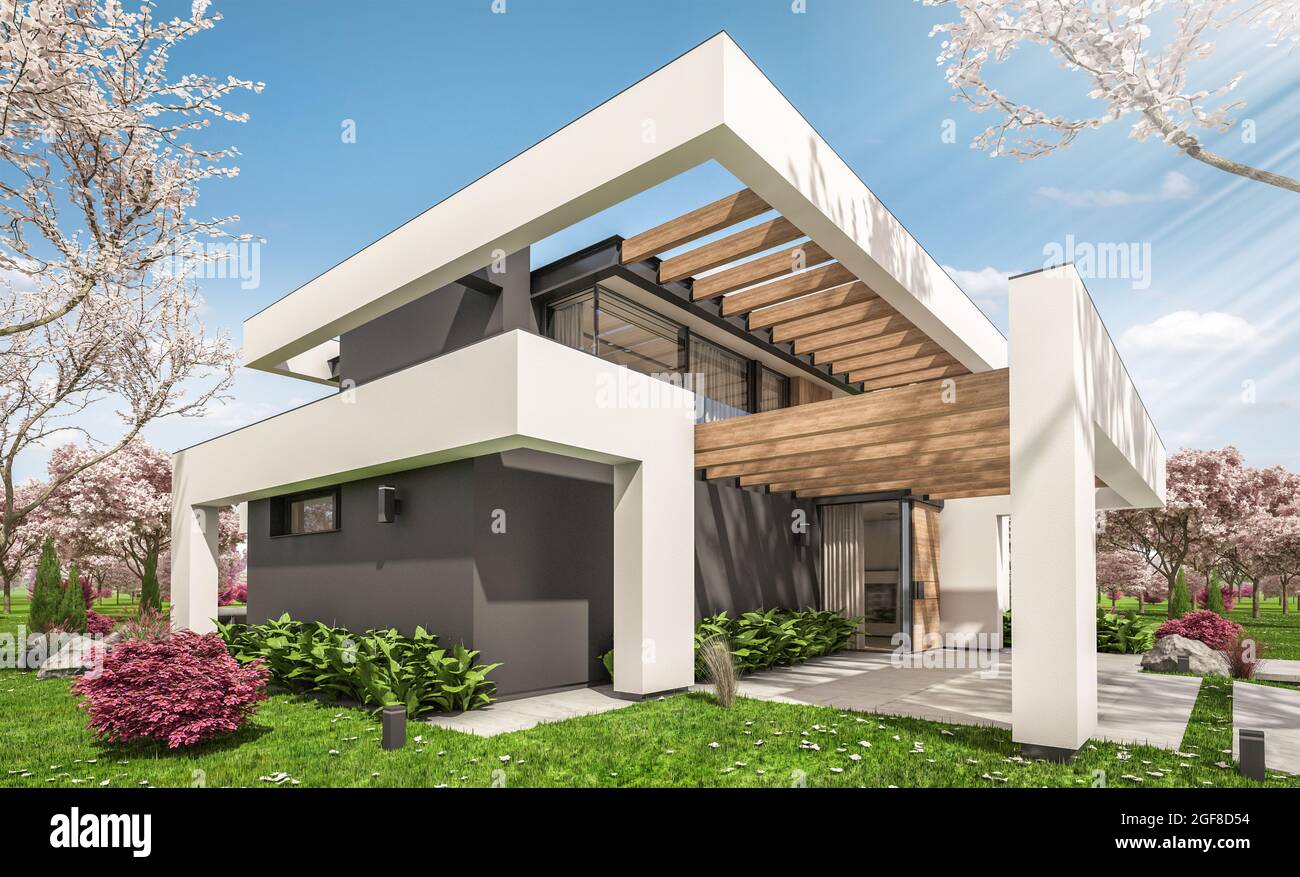 3d rendering of modern cozy house with pool and parking for sale or ...