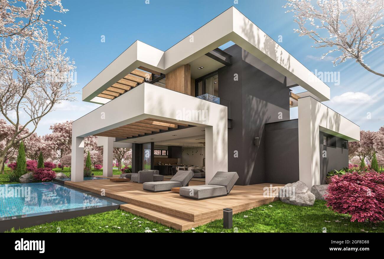 3d rendering of modern cozy house with pool and parking for sale or ...