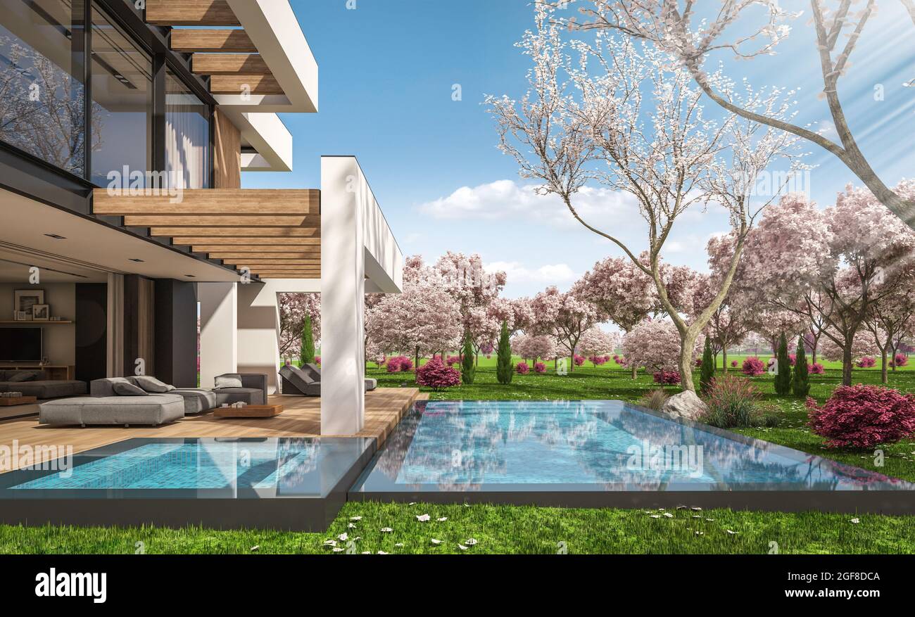 3d rendering of modern cozy house with pool and parking for sale or ...