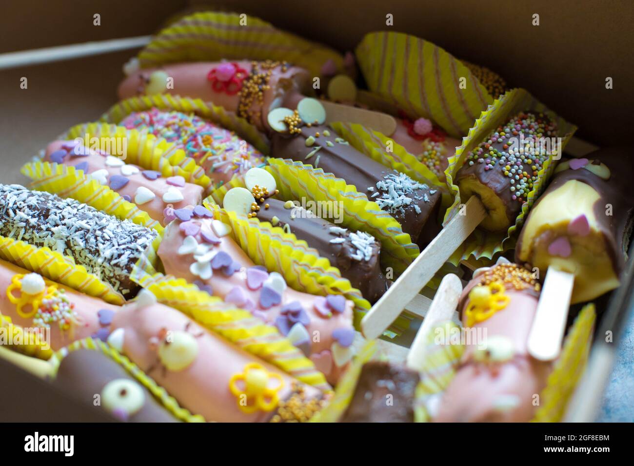halves bananas in chocolate decorated Stock Photo