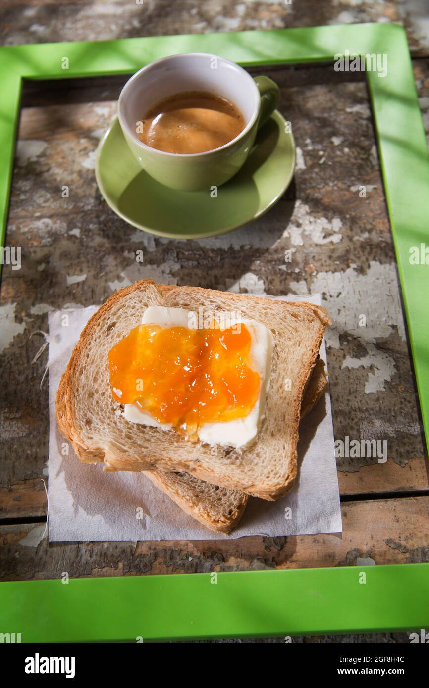 Presentation Of A Breakfast Of Coffee Bread Butter And Jam Stock Photo Alamy