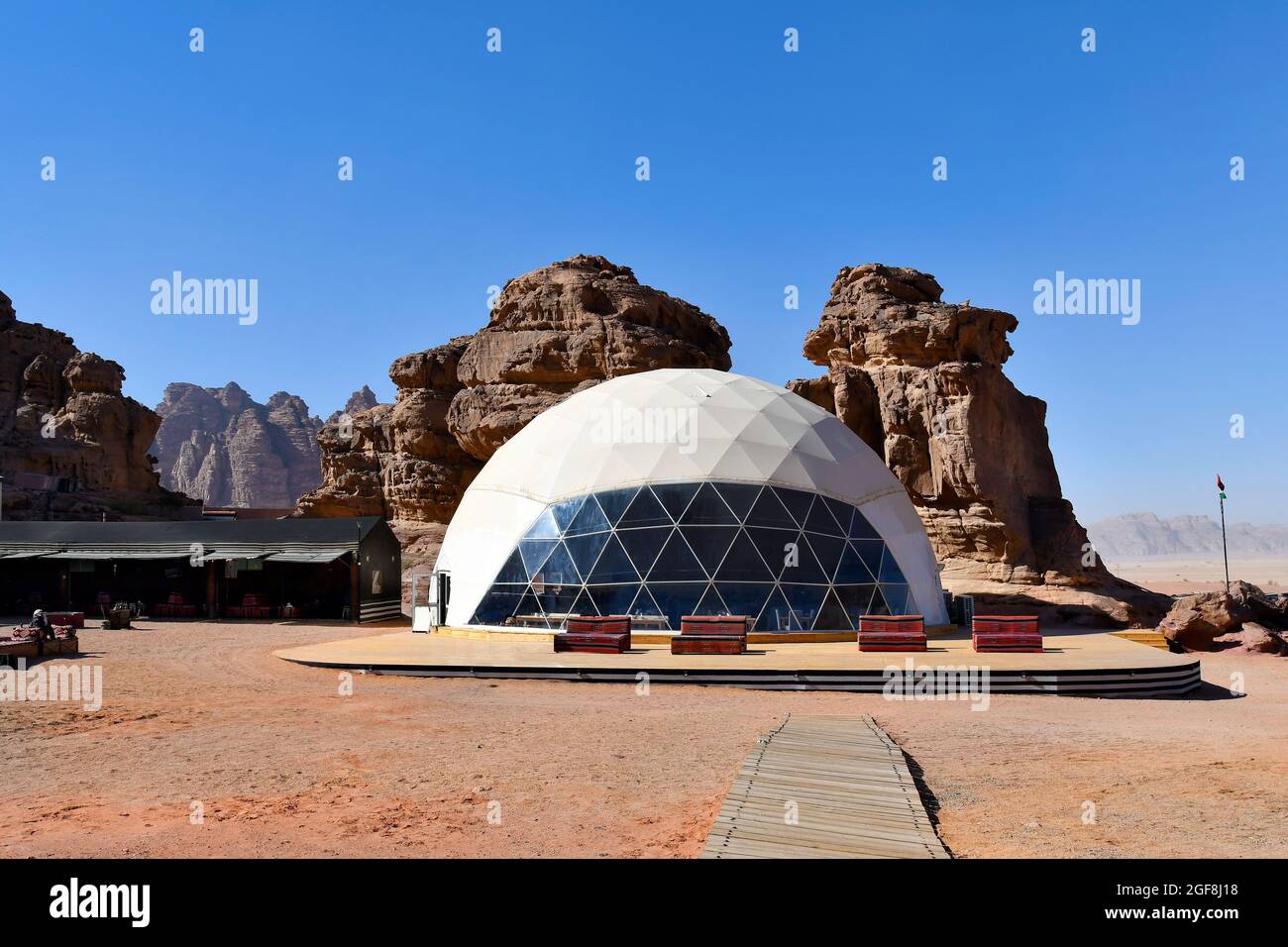 Jordan, Wadi Rum, modern tourist camp with restaurant  in the UNESCO World heritage site in Middle East Stock Photo