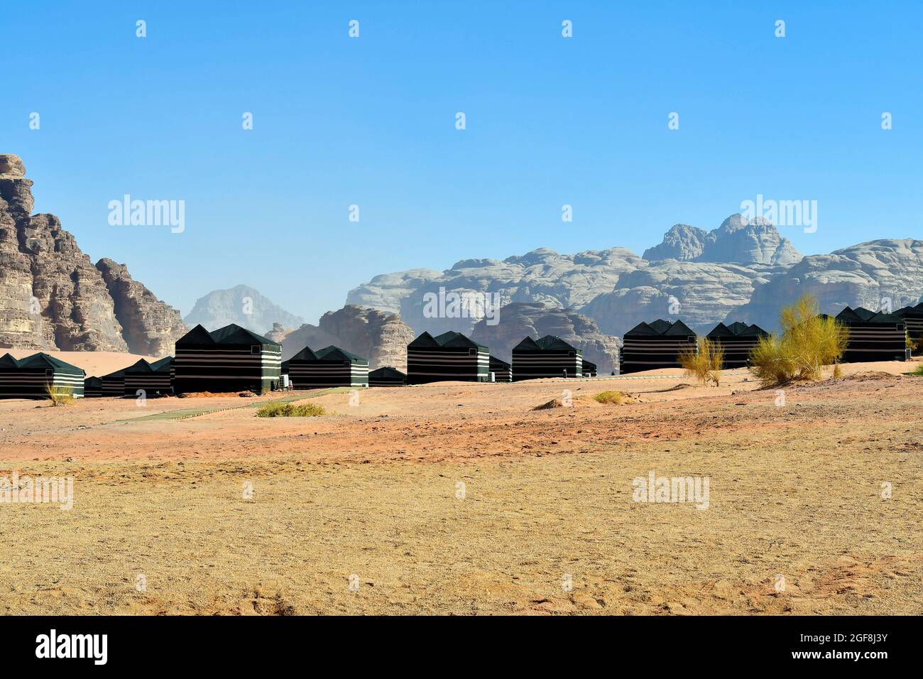 Jordan, Wadi Rum, tents of a tourist camp in the UNESCO World heritage site in Middle East Stock Photo