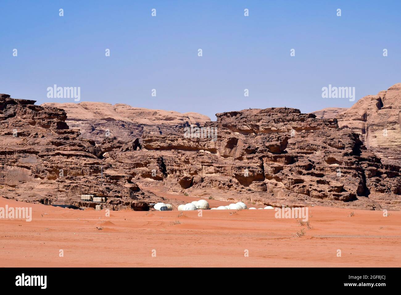Jordan, Wadi Rum, futuristic looking tourist camp in the UNESCO World heritage site in Middle East Stock Photo