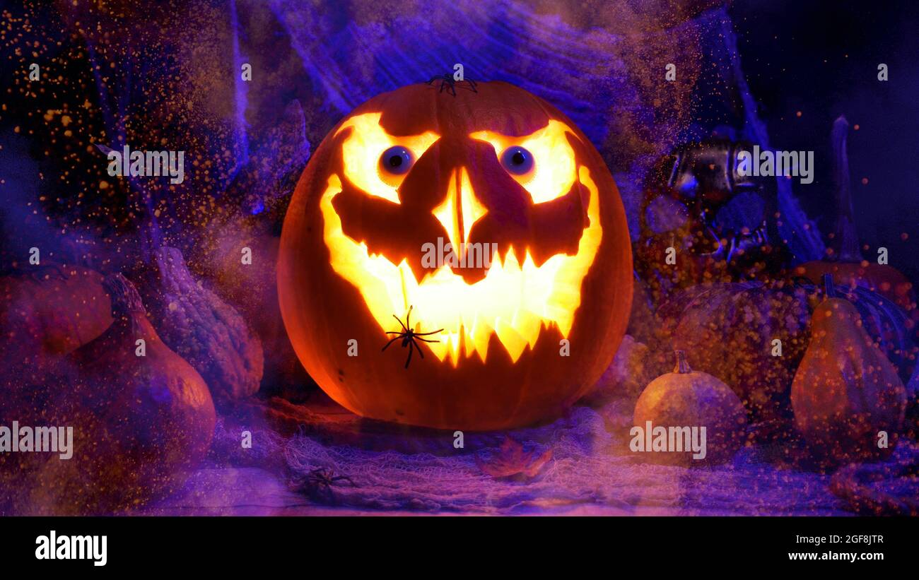 Halloween pumpkin Jack o lantern highlighted. Halloween pumpkins on spooky background, misty fog. October holidays concept. Perfect carved pumpkin and Stock Photo