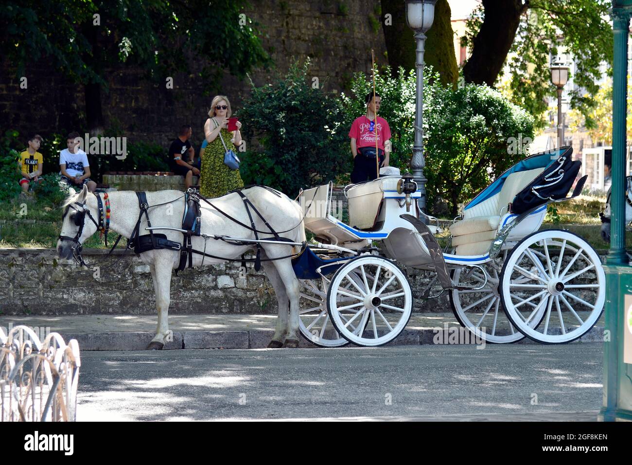 Ioannina, Greece - June 27, 2021: Unidentified people and traditional horse drawn coach for sightseeing in the capital of Epirus Stock Photo