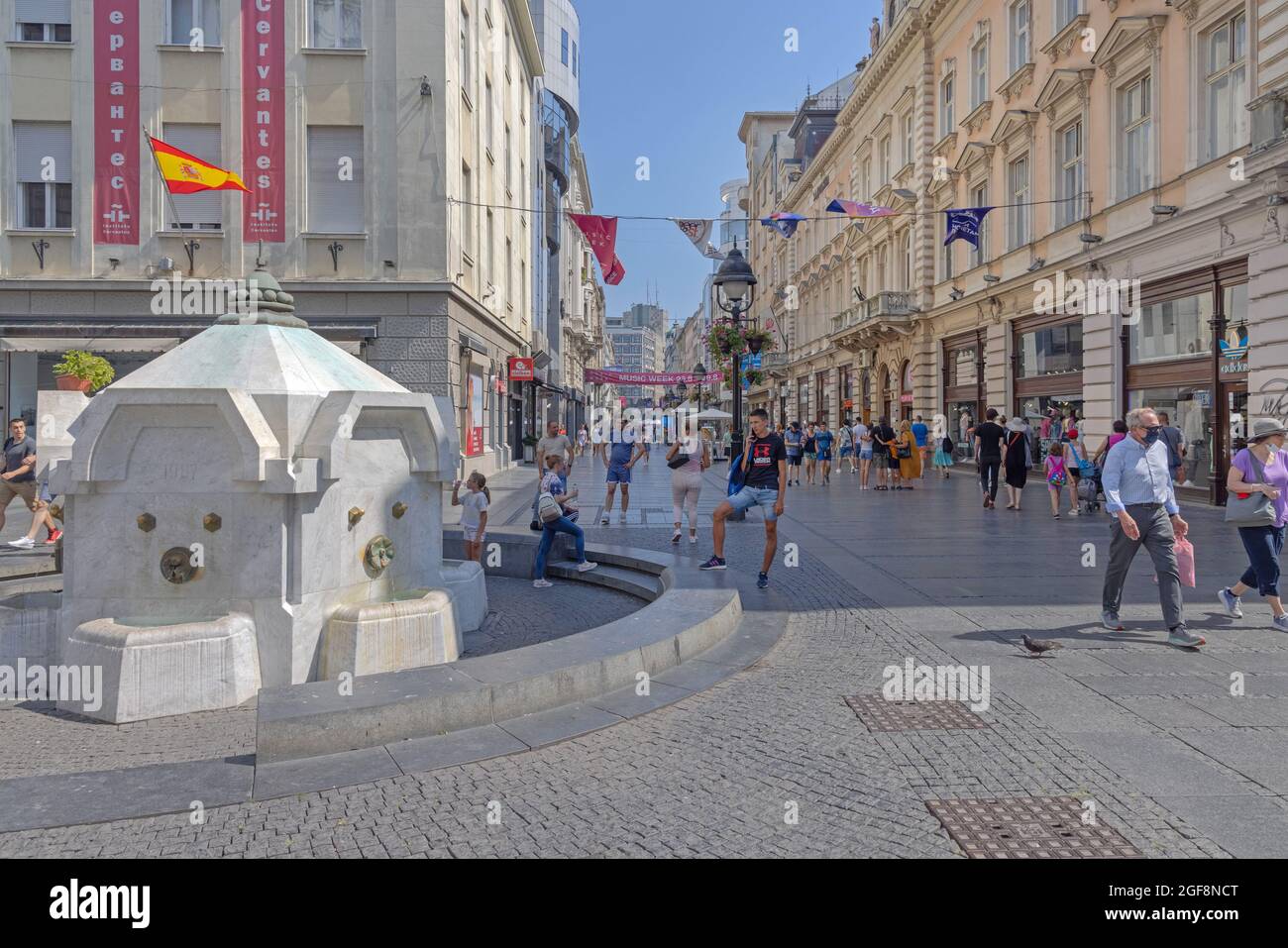 Belgrade, Serbia - August 08, 2021: Delijska Cesma White Marble Drinking Water Fountain in Knez Mihailova Street. Stock Photo