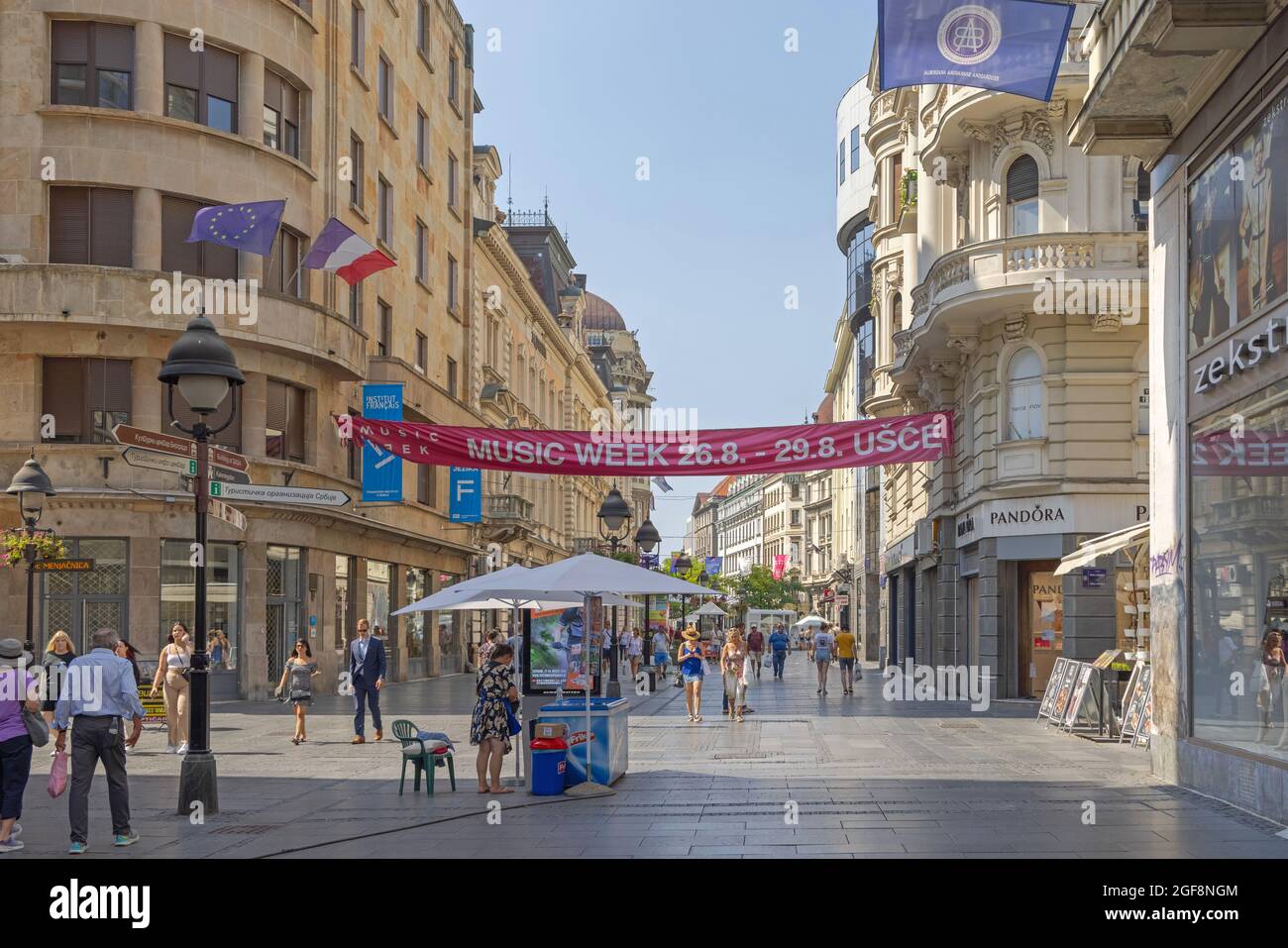 Belgrade, Serbia - August 08, 2021: Music Week Banner Over Knez Mihailova Street in Belgrade, Serbia. Stock Photo