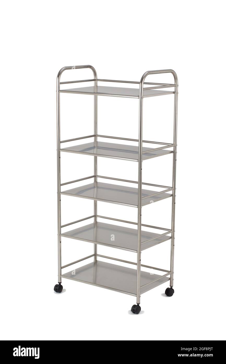 Stainless steel racks with wheels isolated on white background Stock