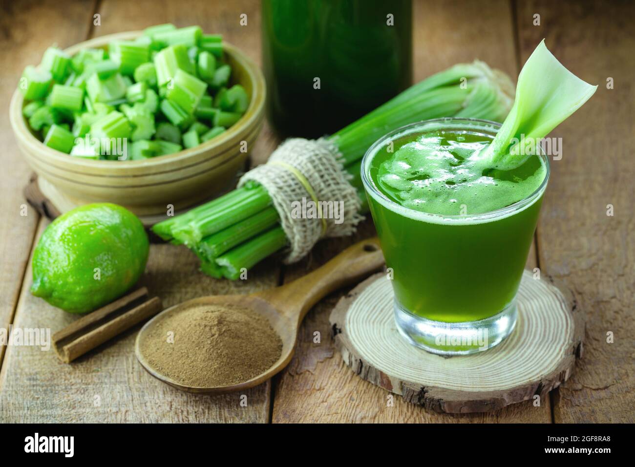 celery juice, healthy vegetable vitamin for diet and detox Stock Photo