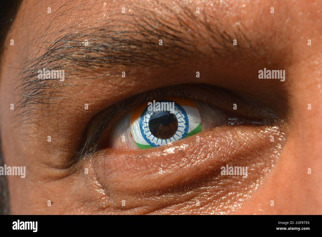 A cricket fan of India wearing a contact lens of the national flag of India One Day International - ODI - England v India 2014 Stock Photo