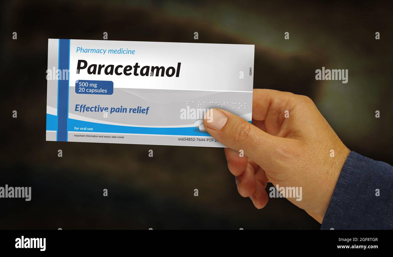 Paracetamol tablets box in hand. Emergency painkiller, headache