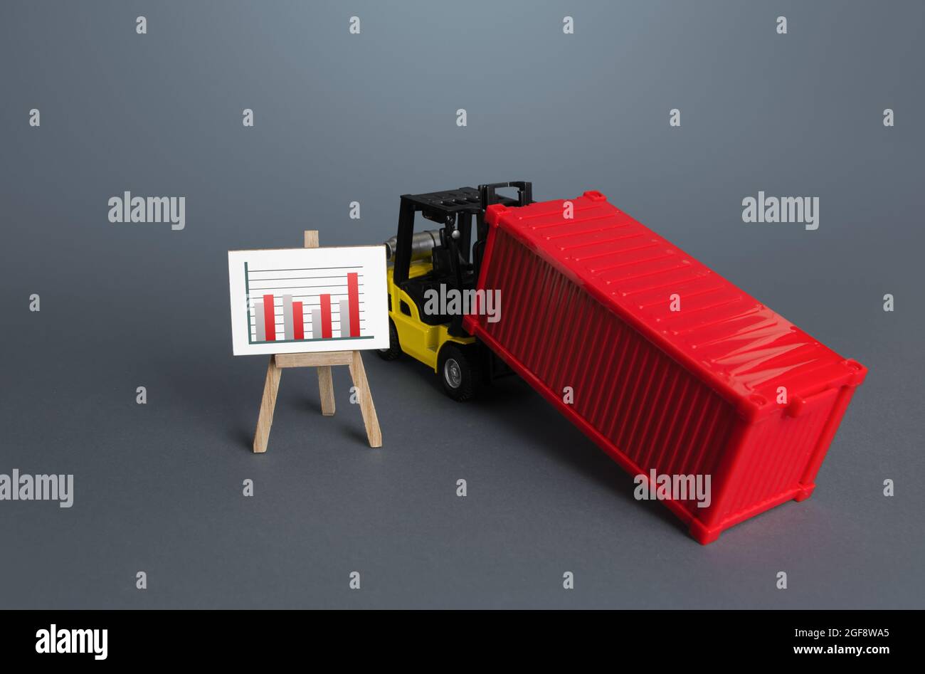 Forklift with sea container and schedule poster. Data analysis and statistics of freight traffic. Trade balance, the ratio of imports and exports. Tra Stock Photo