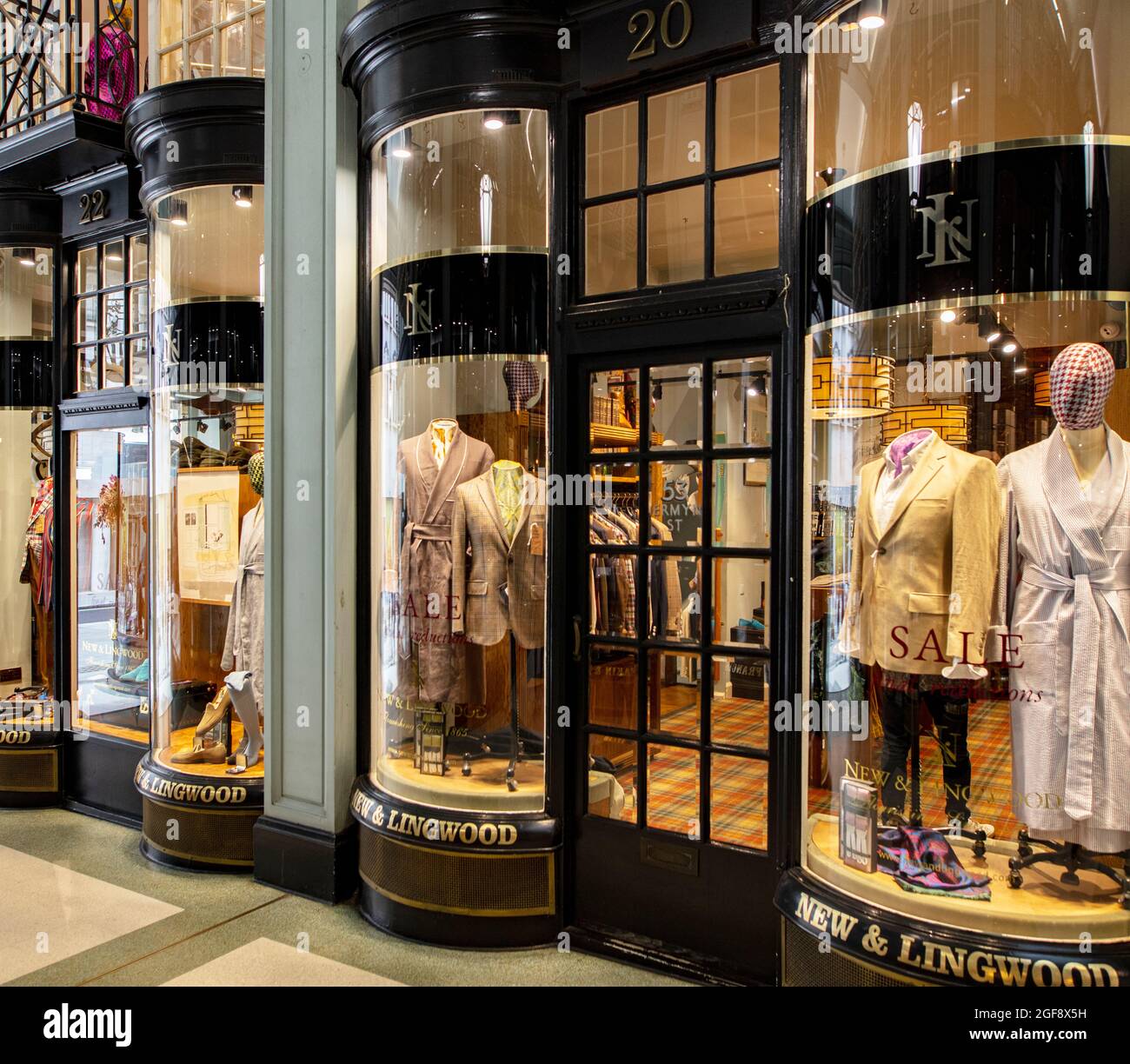 Shop window of New and Lingwood in Piccadilly Arcade, off Jermyn St, London; a stylish gentlemen