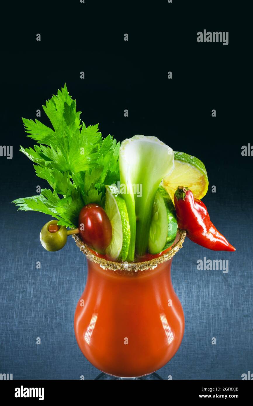 Bloody mary, a summer drink, with sauce, vodka and vegetables. Typical