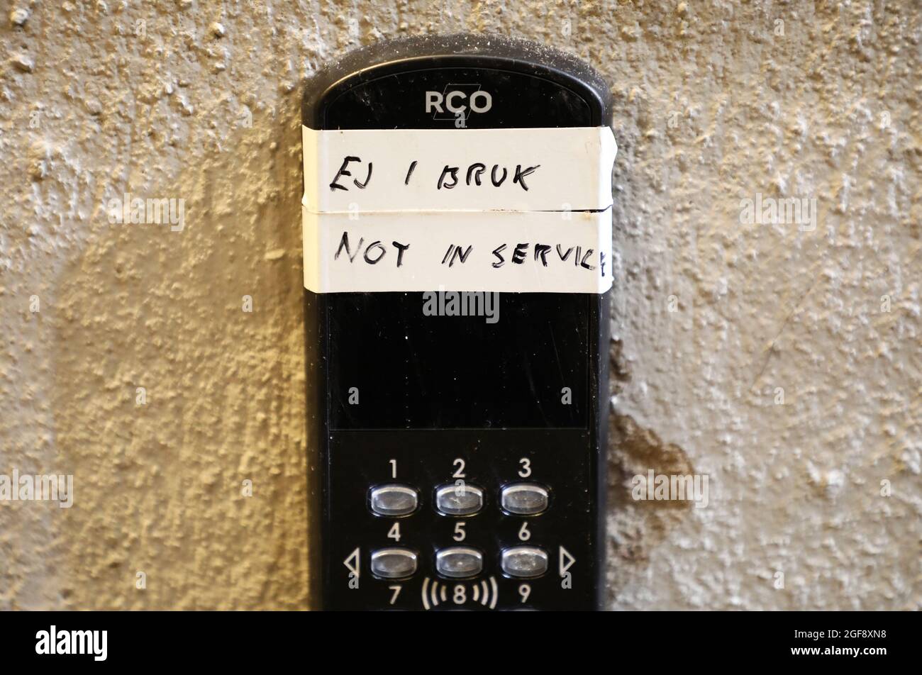 Code lock for a laundry room with the text 'Not in service'. Stock Photo