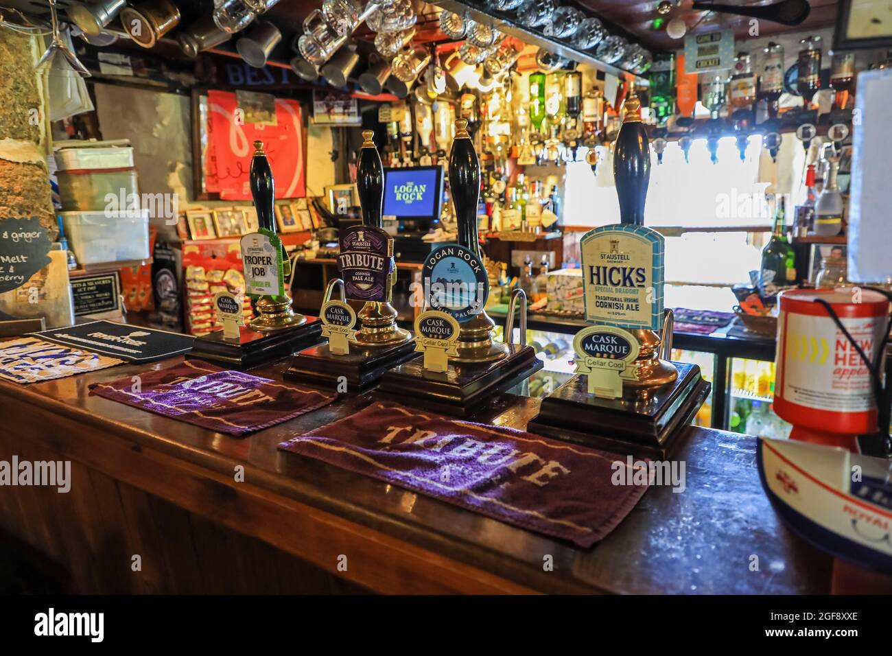 The inside or interior of the Logan Rock Inn, a 16th century traditional village pub or public house, Treen, Cornwall, England, UK Stock Photo