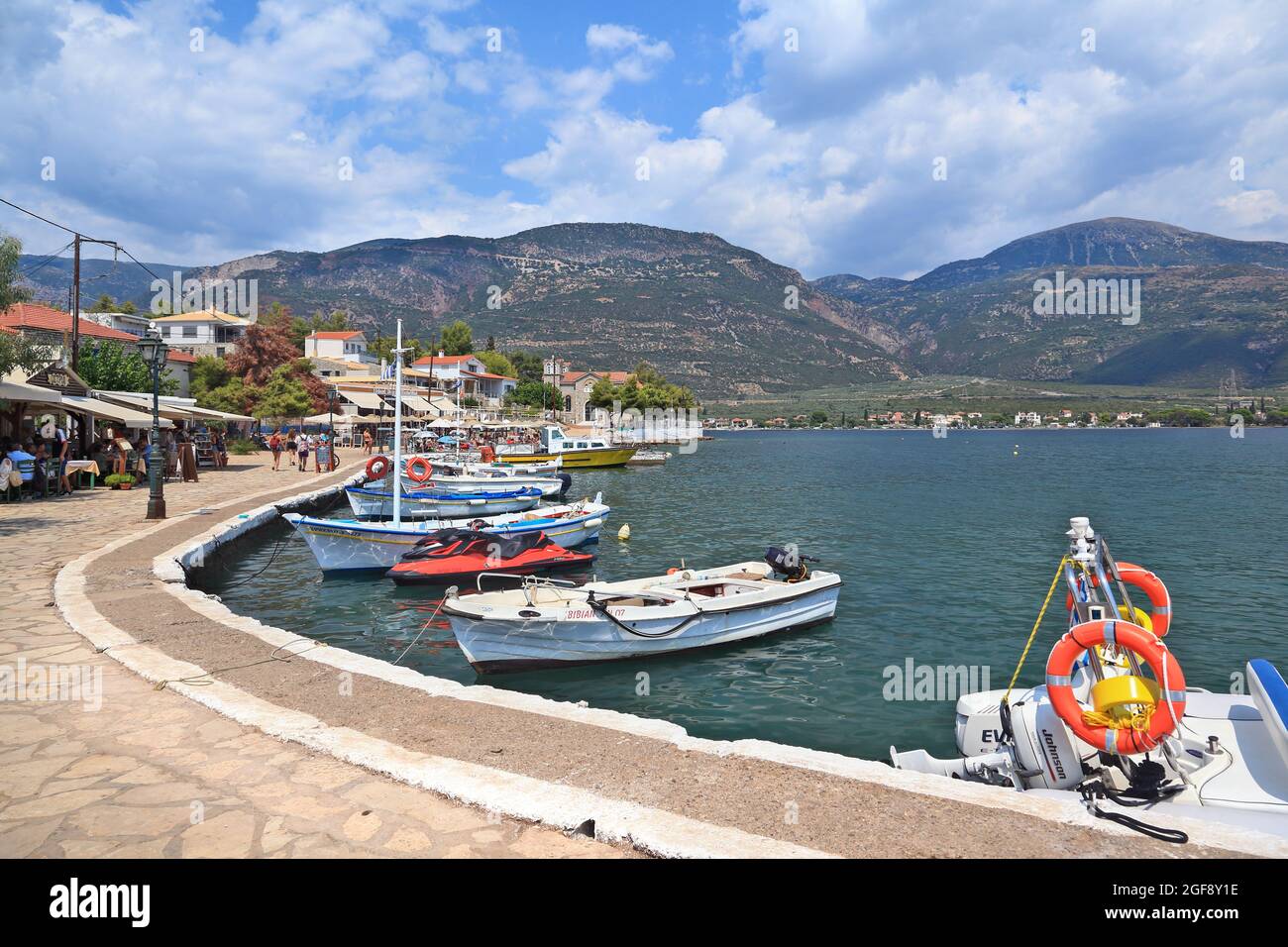 Port of Trizonia island, a picturesque and popular touristic destination in Gulf of Corinth, very close to Nafpaktos town. Stock Photo