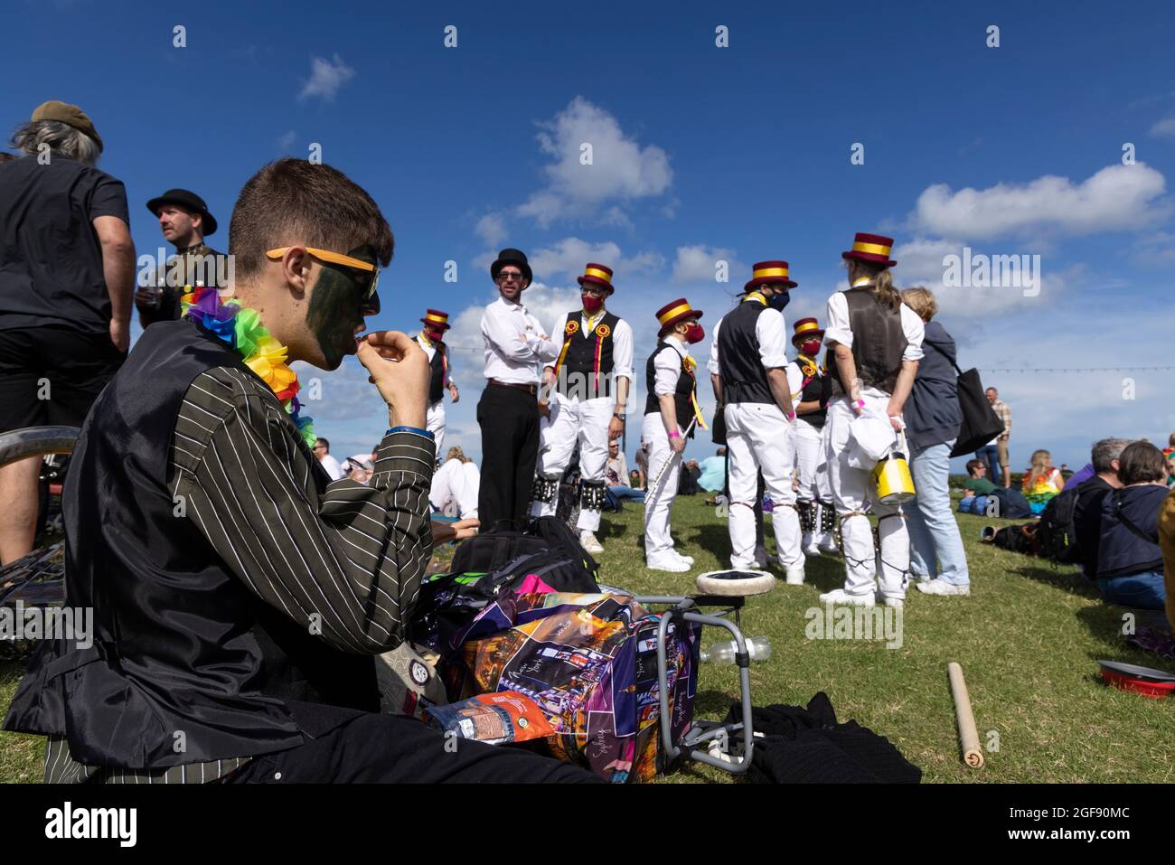 Morris dancers waiting to perform at the bandstand during Broadstairs Folk Week, August 2021 Stock Photo