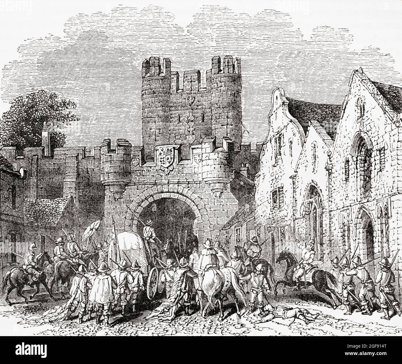 Micklegate Bar, York, England seen here at the time of the English Civil War.  It was the traditional ceremonial gate for monarchs entering the city who touched the state sword when entering the gate.  From Picturesque England its Landmarks and Historic Haunts, published, 1891 Stock Photo