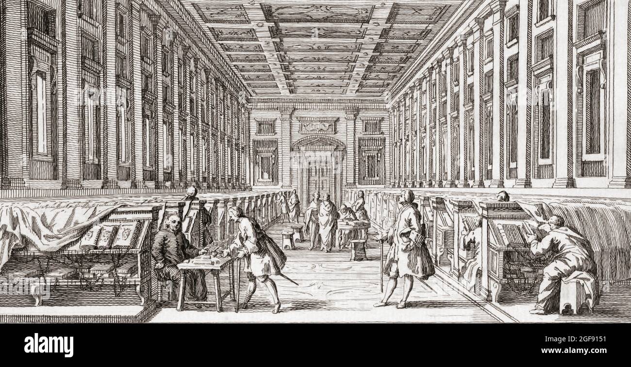 The reading room of the 16th century Laurentian Library, the Biblioteca Medicea Laurenziana, Florence, Italy, in the late 18th century.  The library was built and stocked by the Medici family to emphasize their rise from being simple merchants to patrons of the arts and church.  After an engraaving by Francesco Bartolozzi. Stock Photo