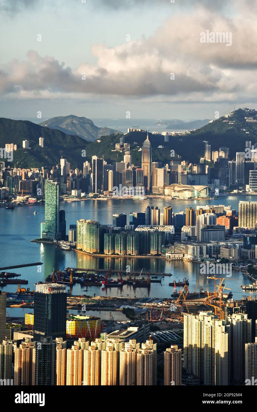 Aerial beautiful cityscape of Hong Kong under the cloudy blue sky in ...