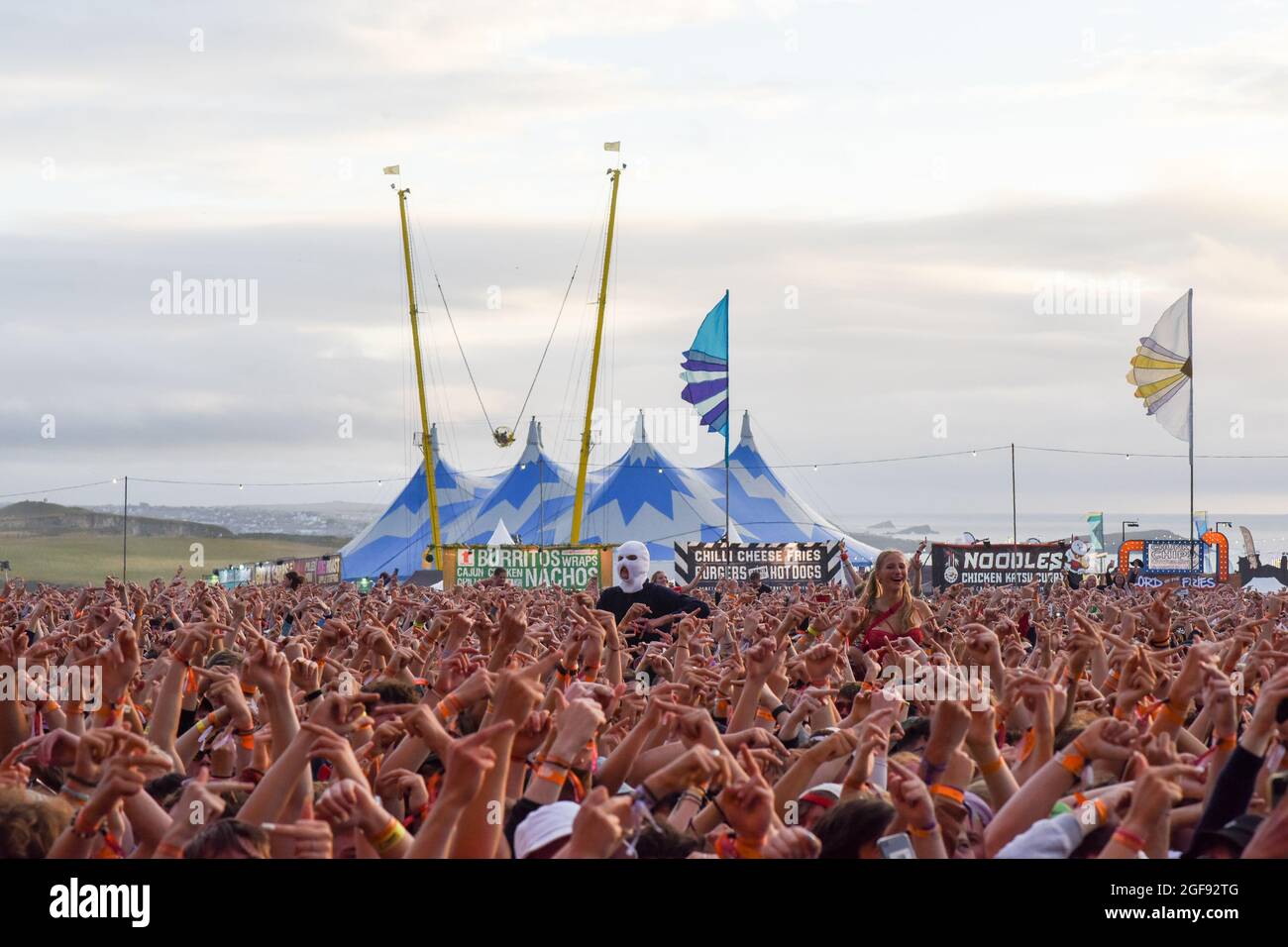Boardmasters 2021 the surf and music festival was held 13th-15th August 2021, 40000+ people attended Boardmasters 2021 above Watergate Bay, Cornwall, UK. Stock Photo